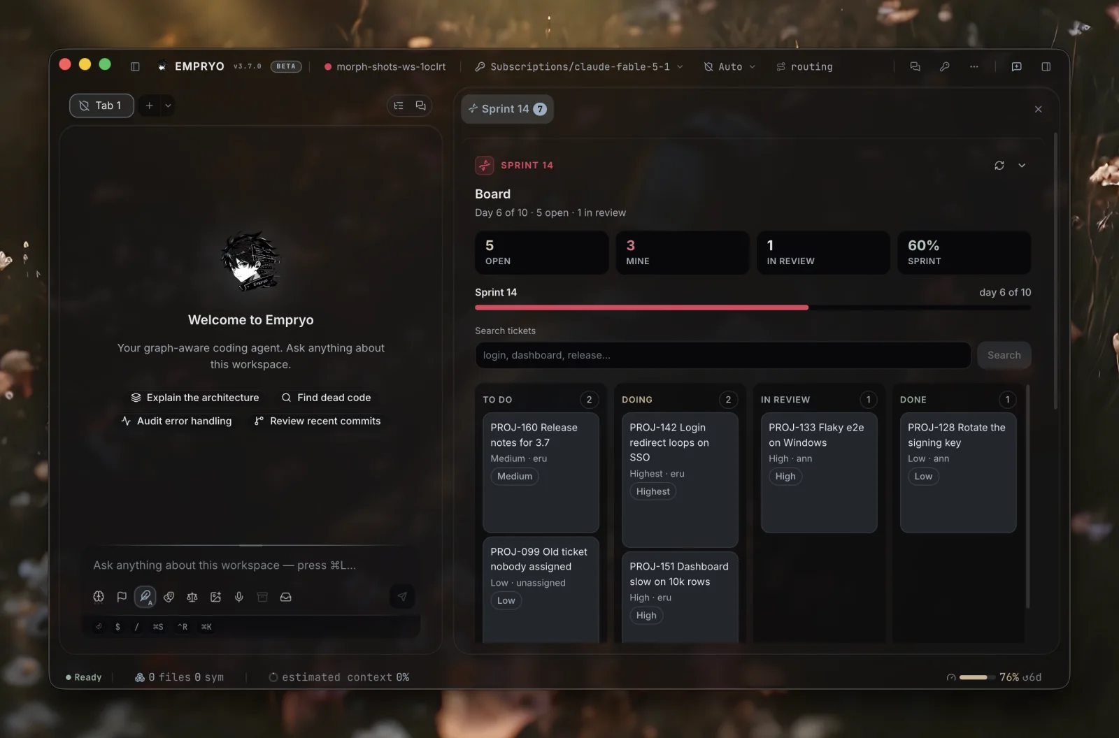 The tracker cell. Sprint numbers from one feed, tickets from another mapped into four columns you drag between, a search field that drives the feed. One file.