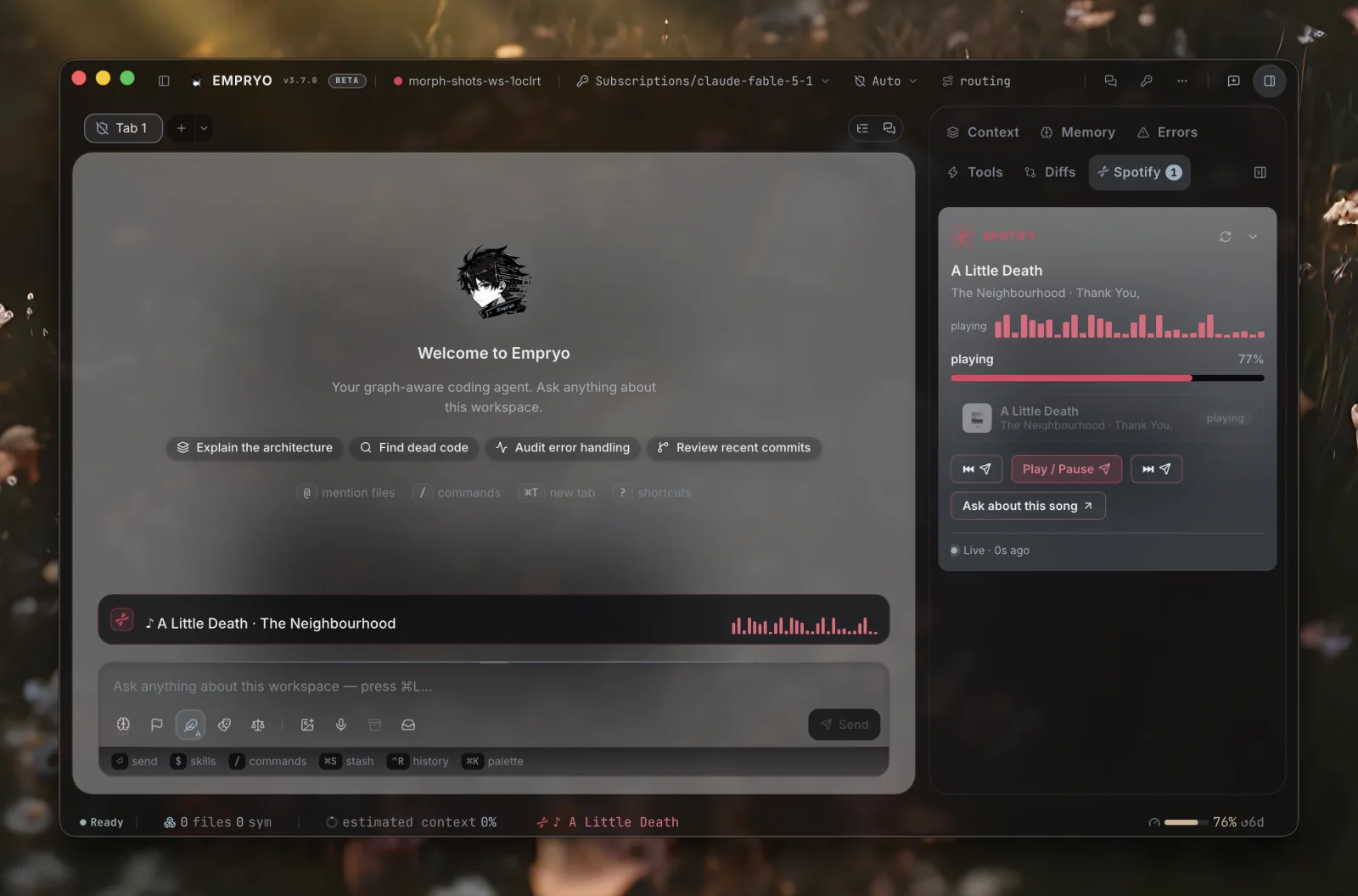 Now Playing. A twenty-line script on this Mac serves what Spotify is playing; the cell reads it every three seconds. The cover fills the panel and fades behind the thread, a strip above the prompt dances while the song plays, and the transport buttons post back to the script.